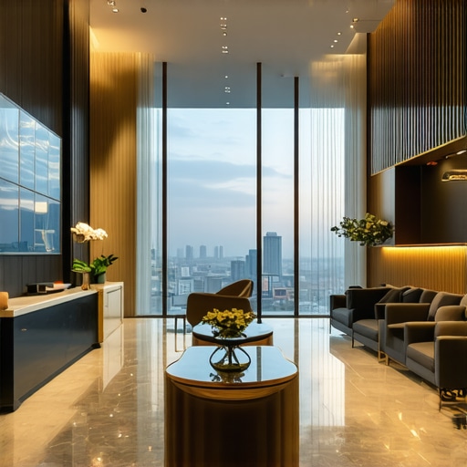Luxury hotel lobby with modern design and cityscape view