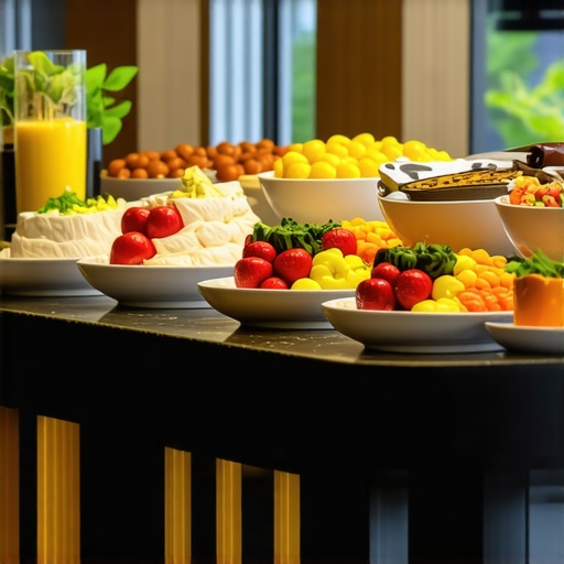Luxurious hotel breakfast spread with diverse food options in an upscale dining room