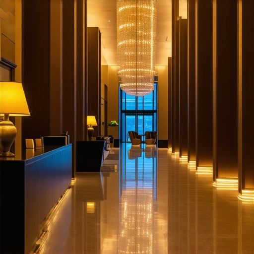 Elegant Downtown Hotel Lobby Luxury hotel lobby with modern decor and ambient lighting