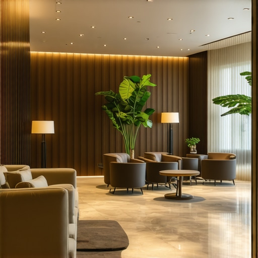 Luxurious hotel lobby with sophisticated decor and modern furnishings