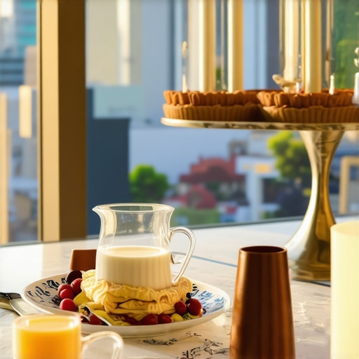 Luxury Downtown Hotel Breakfast with City View Elegant hotel breakfast overlooking city skyline at dawn