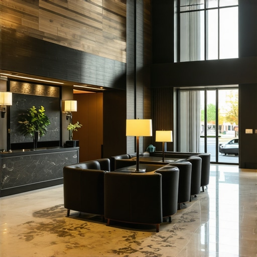 Luxury Downtown Hotel Lobby Elegant hotel lobby with modern design and plush seating