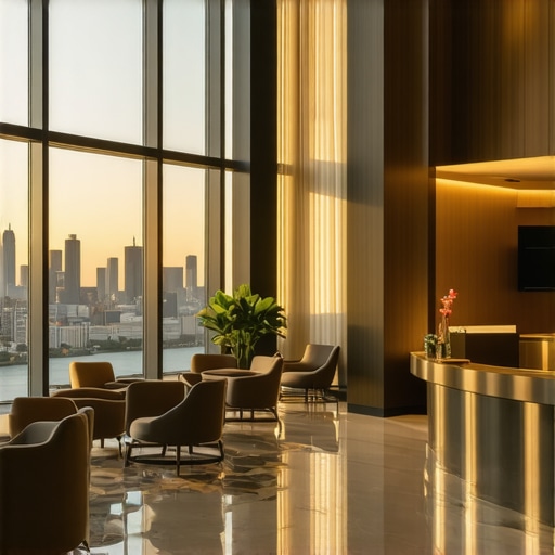 Sophisticated hotel lobby with seating area and city view