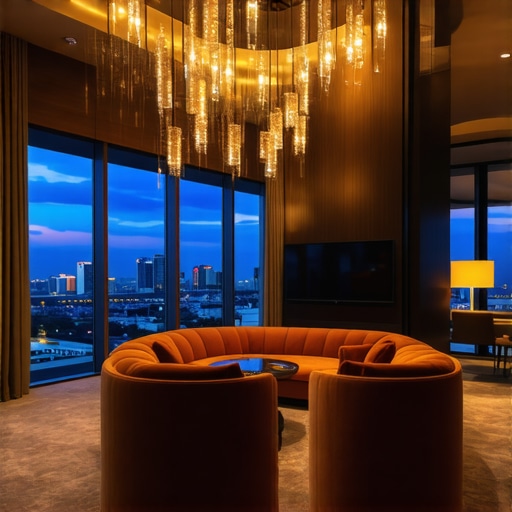 Elegant hotel lobby overlooking city skyline, modern design