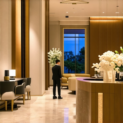 Elegant hotel lobby with luxurious furnishings and friendly staff