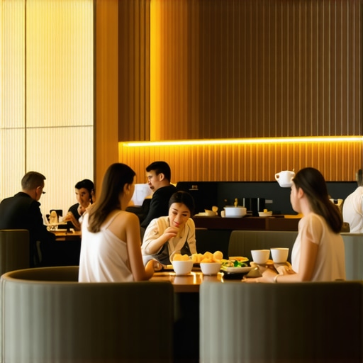 Group of travelers enjoying breakfast in a modern hotel lobby