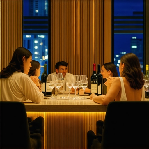Group enjoying curated wine tasting in upscale hotel lounge.