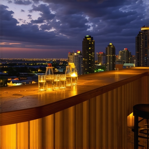 Downtown Skyline from Luxury Hotel Rooftop City skyline view from a luxury hotel rooftop bar at sunset.