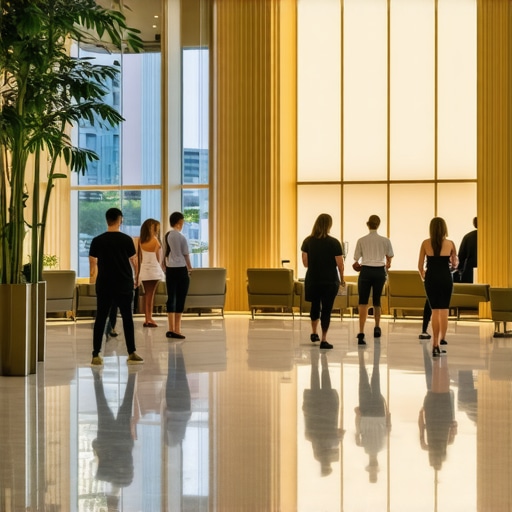 Luxury hotel lobby with group travelers and modern decor