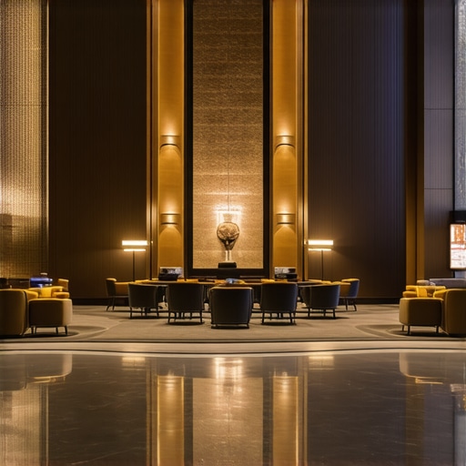 Luxurious modern hotel lobby with stylish decor and ambient lighting.