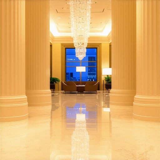 Elegant downtown hotel lobby with polished marble floors and ambient lighting