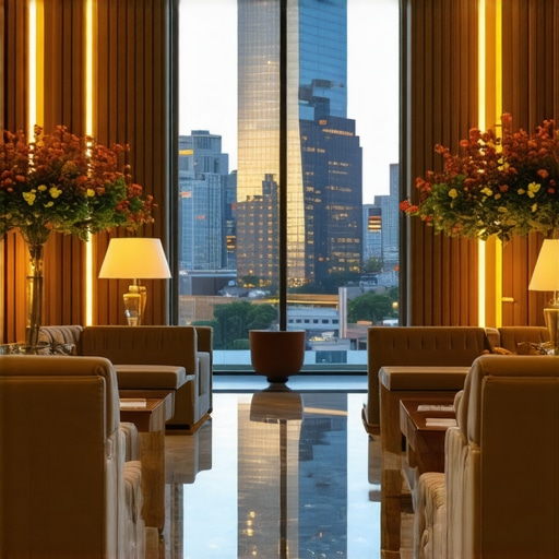 Luxurious Downtown Hotel Lobby Elegant downtown hotel lobby with city skyline in the background