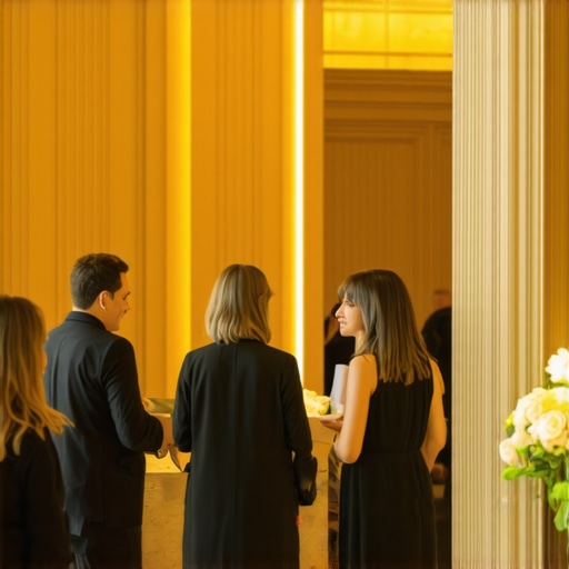 Elegant hotel lobby bustling with guests, showcasing luxury decor and welcoming ambiance