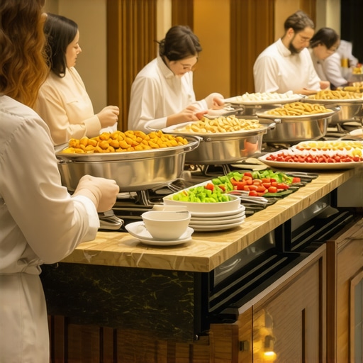 Guests enjoying a lavish hotel breakfast in a modern downtown hotel
