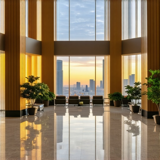 Elegant hotel lobby with modern decor and city skyline
