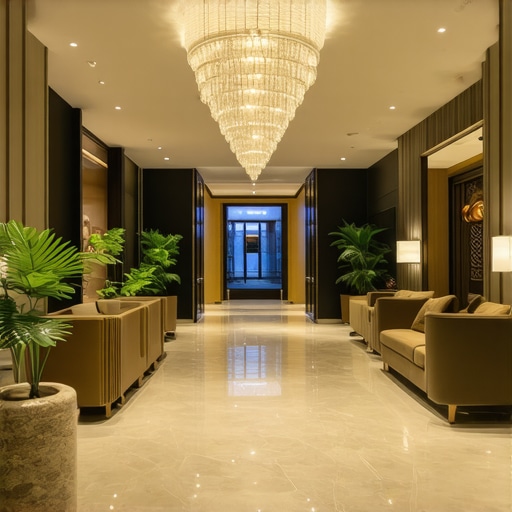 Interior view of a luxurious downtown hotel lobby with elegant decor and ambient lighting.