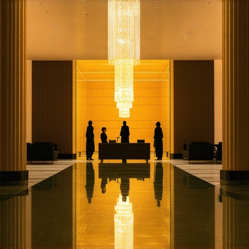 Elegant hotel lobby with modern decor and staff welcoming guests