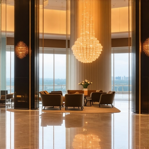 Elegant hotel lobby with city skyline view
