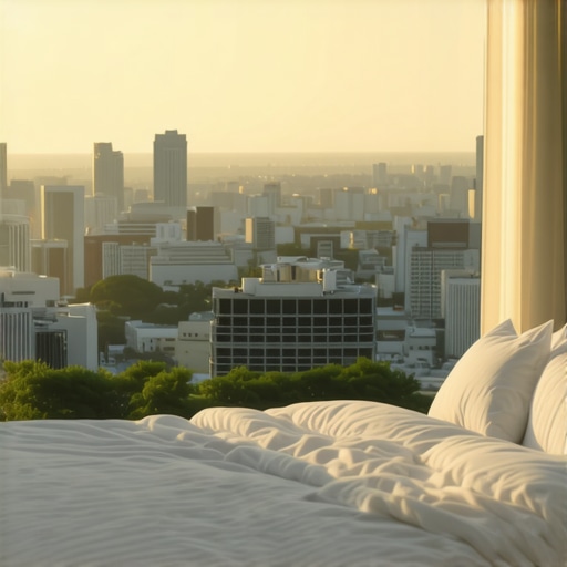 Elegant hotel room overlooking the city skyline with sunlight