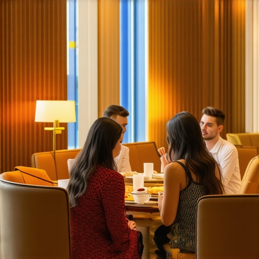 A stylish hotel lobby scene with guests having breakfast together.