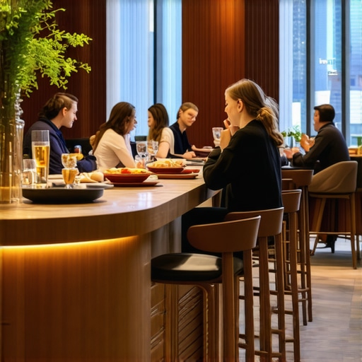 Elegant hotel lobby with group of guests having breakfast