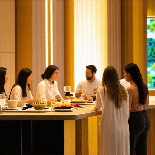 Luxury hotel lobby with group travelers enjoying breakfast