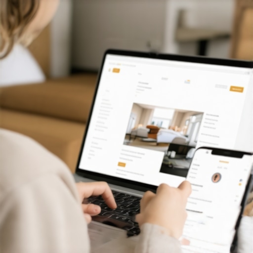 A person managing hotel deal tracking on laptop and smartphone in a home office.