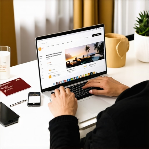 Person planning hotel bookings on laptop with travel documents