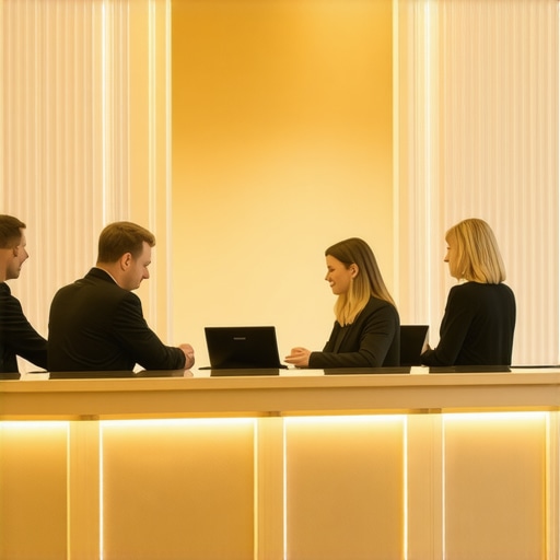 A group of business travelers discussing in a luxury hotel lobby during the day