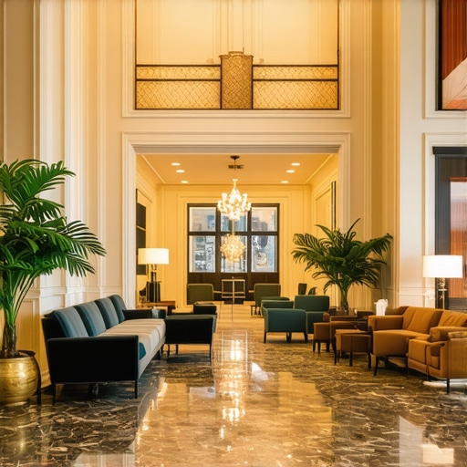 High-end hotel lobby with modern design and plush seating