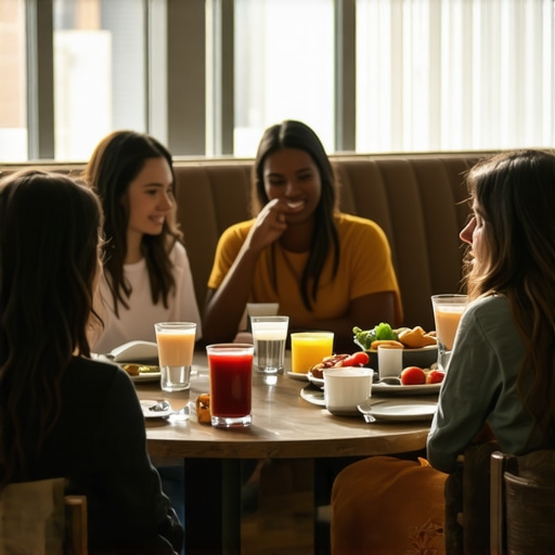 Friends having breakfast together at a downtown hotel
