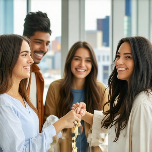 Smiling guests entering a luxury hotel in the downtown area with city skyline in the background.