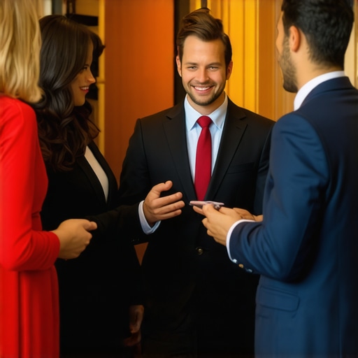 Concierge discussing group rates with travelers in a hotel lobby