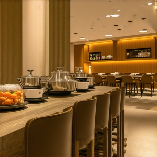 Modern hotel lobby with a group breakfast area.