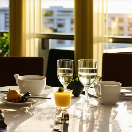 Elegant hotel breakfast table with sunlight and upscale tableware