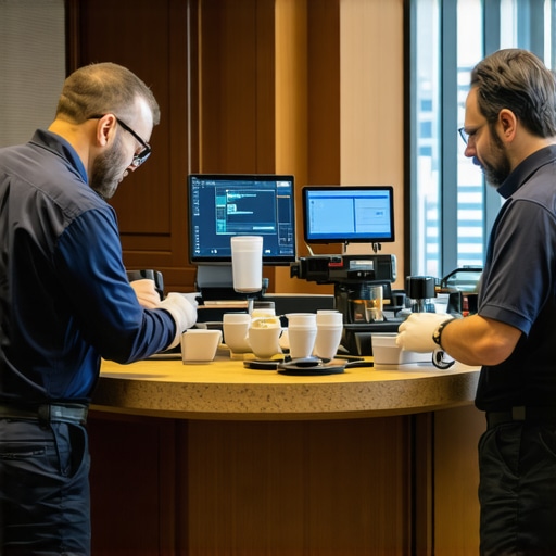 Hotel staff using tablets and equipment to oversee maintenance and service quality
