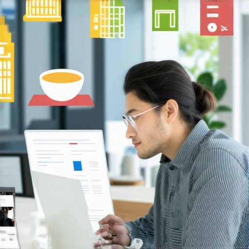 Person using hotel management software with hotel and breakfast icons