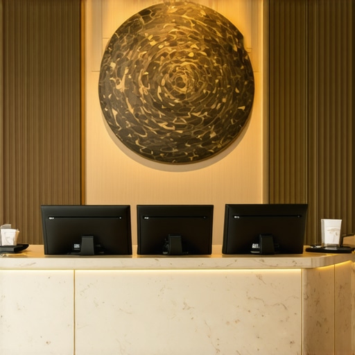 A sleek hotel reception area with digital booking management system