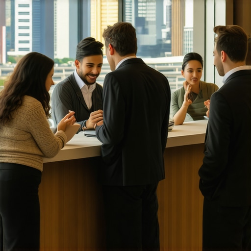 Travelers discussing hotel rates with hotel staff in a city hotel lobby.