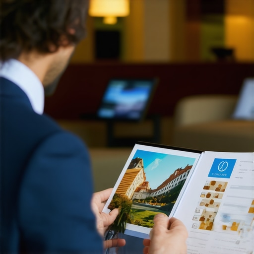 Strategic Hotel Booking Hotel manager reviewing promotional materials and booking strategies in a luxury lobby.