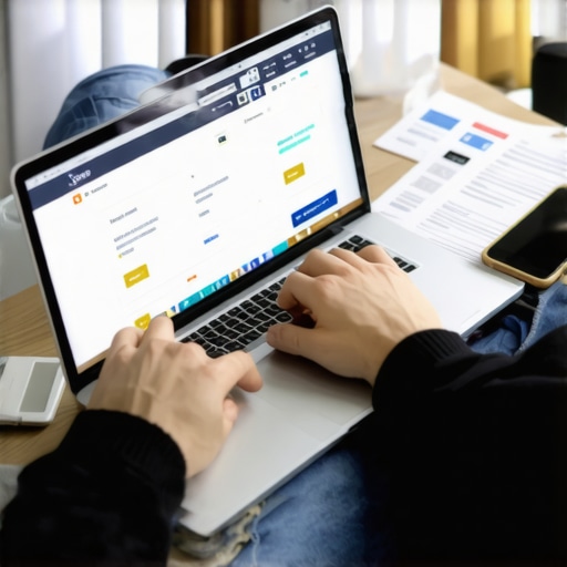 A traveler comparing hotel deals online with multiple devices and documents