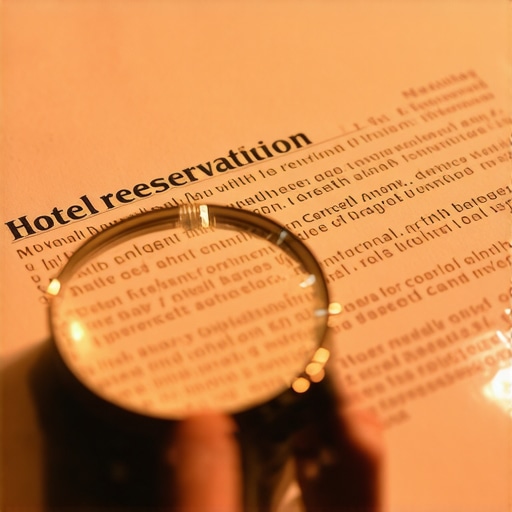 Person reviewing hotel reservation agreement with a magnifying glass.