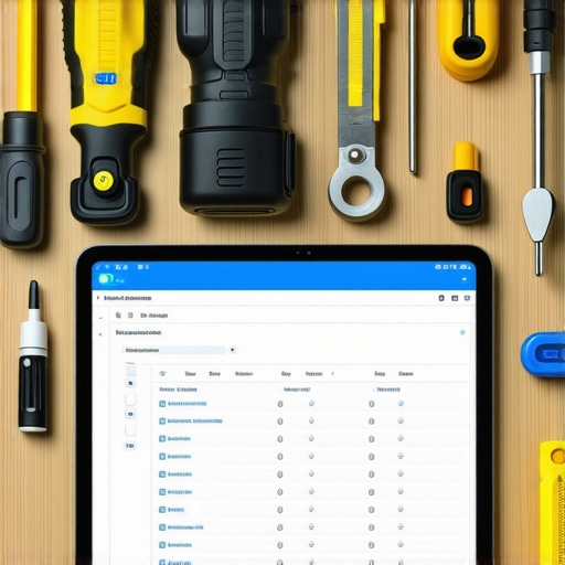 Effective Maintenance Tools for Luxury Lodging A neatly arranged toolkit with digital gadgets and maintenance checklists for luxury hotel management.