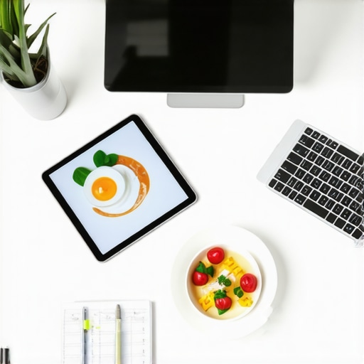 Hospitality Management Tools Workspace with digital devices and breakfast planning charts for hotel management