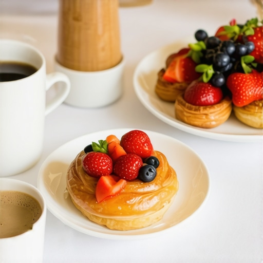 Luxurious Hotel Breakfast Spread An assortment of fresh pastries, fruits, and coffee on a hotel dining table