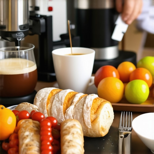 Elegant hotel breakfast with artisan bread and fresh fruits.