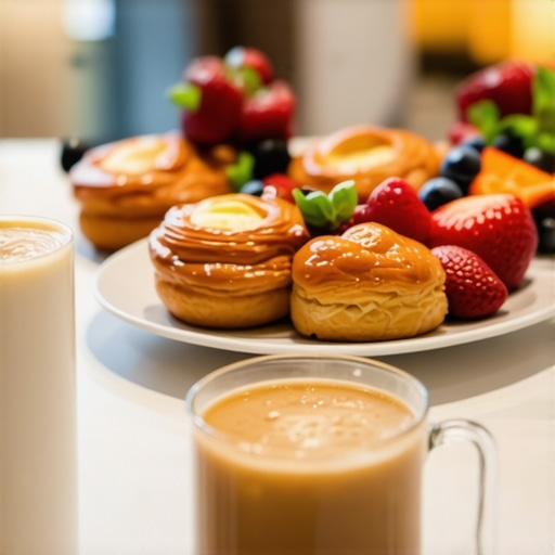 Luxury Hotel Breakfast Elegant breakfast table in a downtown hotel with pastries, fruits, and coffee