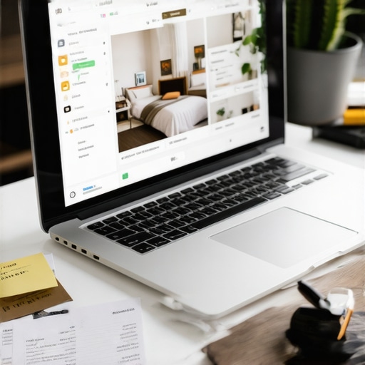 A workspace with a laptop, notes, and documents related to hotel bookings and travel planning.