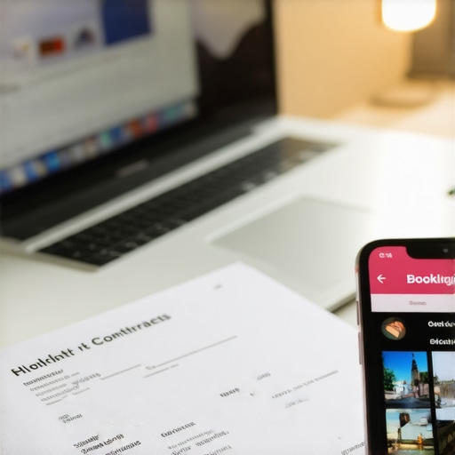 Strategic Tools for Luxury Hotel Management Workspace with laptop and travel management tools for luxury lodging